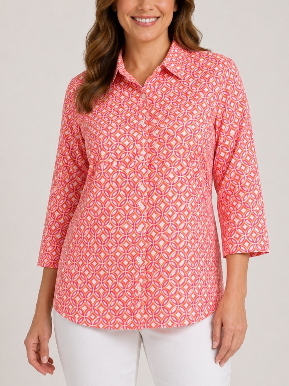 Chico’s No Iron Button Front Shirt Size 3 Pink Orange Geometric Print 3/4 Sleeve
